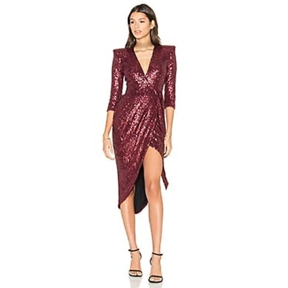 Zhivago Kinsey Sequin Wrap Dress Burgundy Cocktail Party Glam Chic Size 8